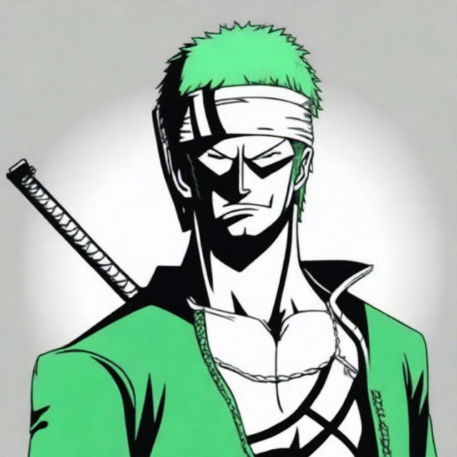 A high-quality digital art piece that closely resembles Zoro from the One Piece manga