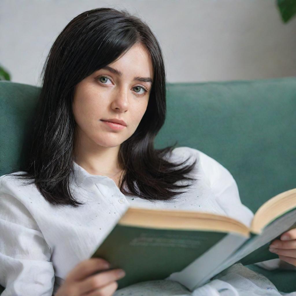 Create a raw-style 4K HD image for an advertising campaign, featuring a 23-year-old female not looking at the camera, lying on a sofa reading a book. She has green eyes, freckles, long black hair with white streaks in the bangs, and is in occasion clothes.