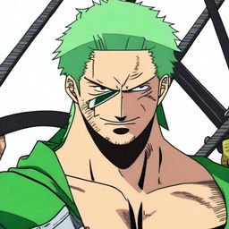 A high-quality digital art piece that closely resembles Zoro from the One Piece manga