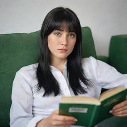 Create a raw-style 4K HD image for an advertising campaign, featuring a 23-year-old female not looking at the camera, lying on a sofa reading a book. She has green eyes, freckles, long black hair with white streaks in the bangs, and is in occasion clothes.