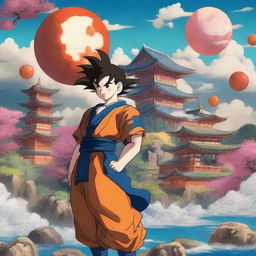 A captivating digital art piece that blends elements of anime, Japanese culture, and Dragon Ball