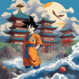 A captivating digital art piece that blends elements of anime, Japanese culture, and Dragon Ball