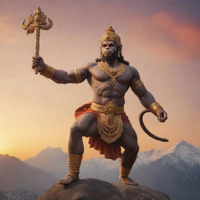 Detailed portrayal of Hanuman, an important figure in Hindu mythology, with characteristic simian features, carrying a mace, flying in the sky with a mountain in one hand against a sunset backdrop.