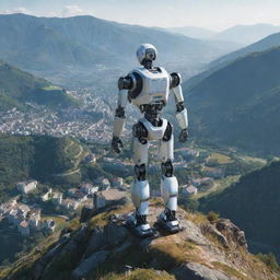 A futuristic robot standing atop a mountain, overlooking a picturesque village nestled in the valley below during a crisp, clear day.