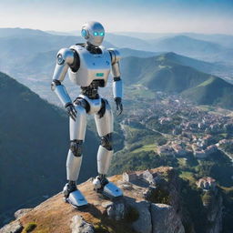 A futuristic robot standing atop a mountain, overlooking a picturesque village nestled in the valley below during a crisp, clear day.