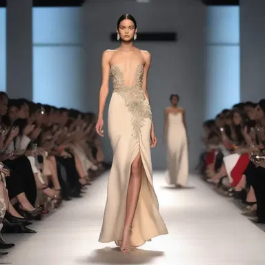 The model confidently displayed the latest collection by the designer as she elegantly ran by the audience on the runway.
