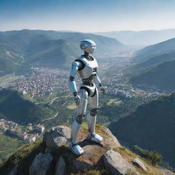 A futuristic robot standing atop a mountain, overlooking a picturesque village nestled in the valley below during a crisp, clear day.