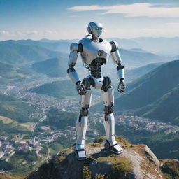 A futuristic robot standing atop a mountain, overlooking a picturesque village nestled in the valley below during a crisp, clear day.