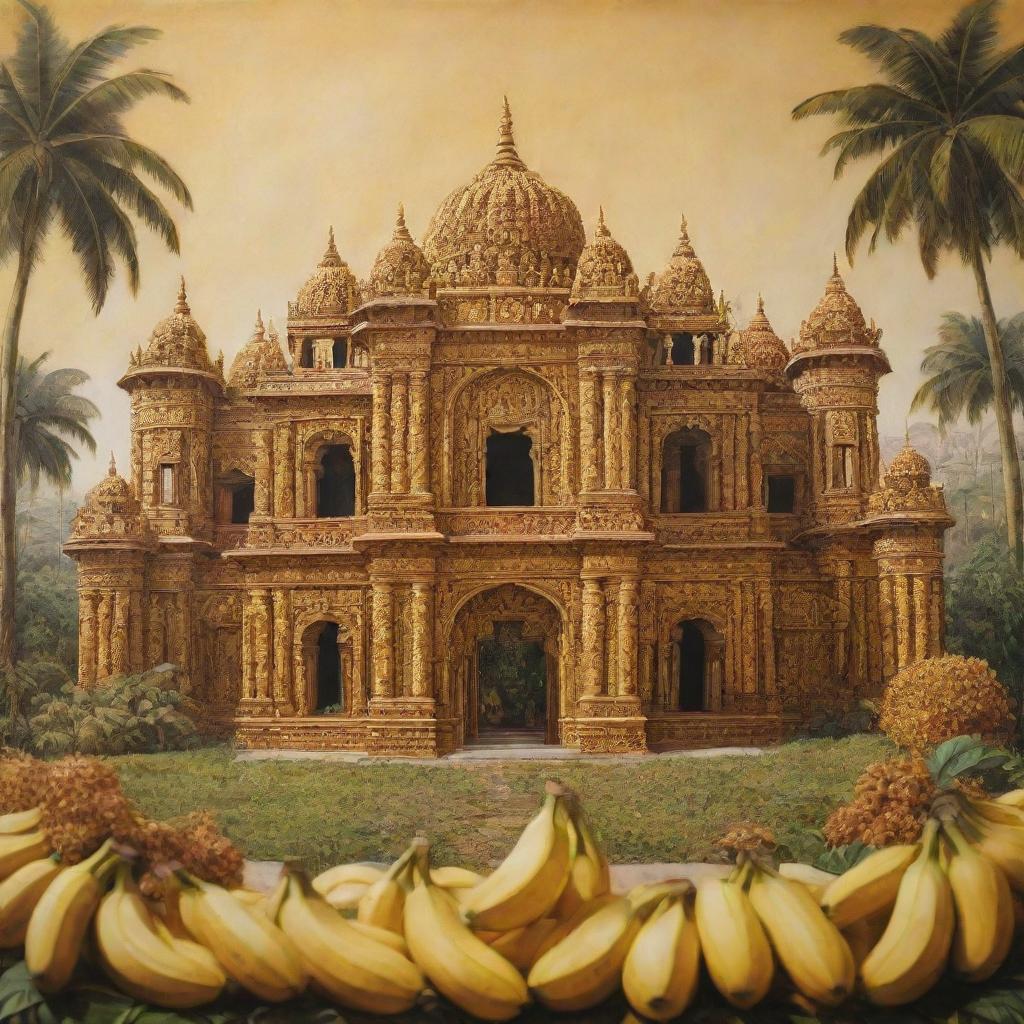 An intricate painting of a palace sculptured entirely out of ripe bananas, reflecting abundant sunshine with a majestic backdrop providing a stunning contrast.