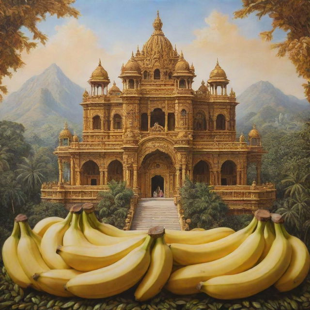 An intricate painting of a palace sculptured entirely out of ripe bananas, reflecting abundant sunshine with a majestic backdrop providing a stunning contrast.