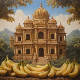 An intricate painting of a palace sculptured entirely out of ripe bananas, reflecting abundant sunshine with a majestic backdrop providing a stunning contrast.