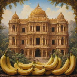 An intricate painting of a palace sculptured entirely out of ripe bananas, reflecting abundant sunshine with a majestic backdrop providing a stunning contrast.