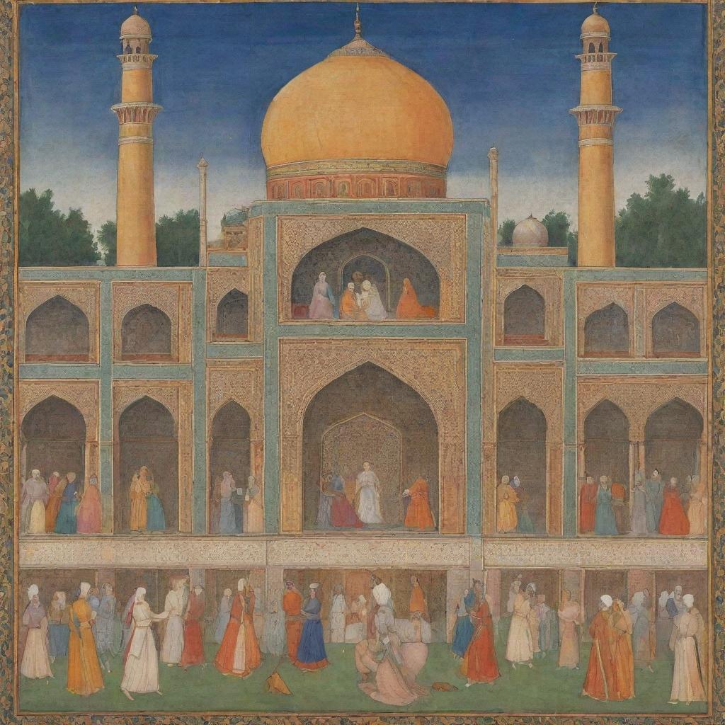 A Mughal miniature painting rich in detail, vibrant colors and intricacy. The scene shows intricate Islamic architecture, courtly love or a historical event.