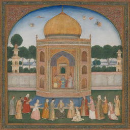 A Mughal miniature painting rich in detail, vibrant colors and intricacy. The scene shows intricate Islamic architecture, courtly love or a historical event.