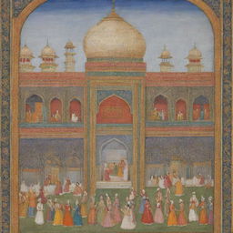 A Mughal miniature painting rich in detail, vibrant colors and intricacy. The scene shows intricate Islamic architecture, courtly love or a historical event.