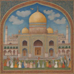 A Mughal miniature painting rich in detail, vibrant colors and intricacy. The scene shows intricate Islamic architecture, courtly love or a historical event.