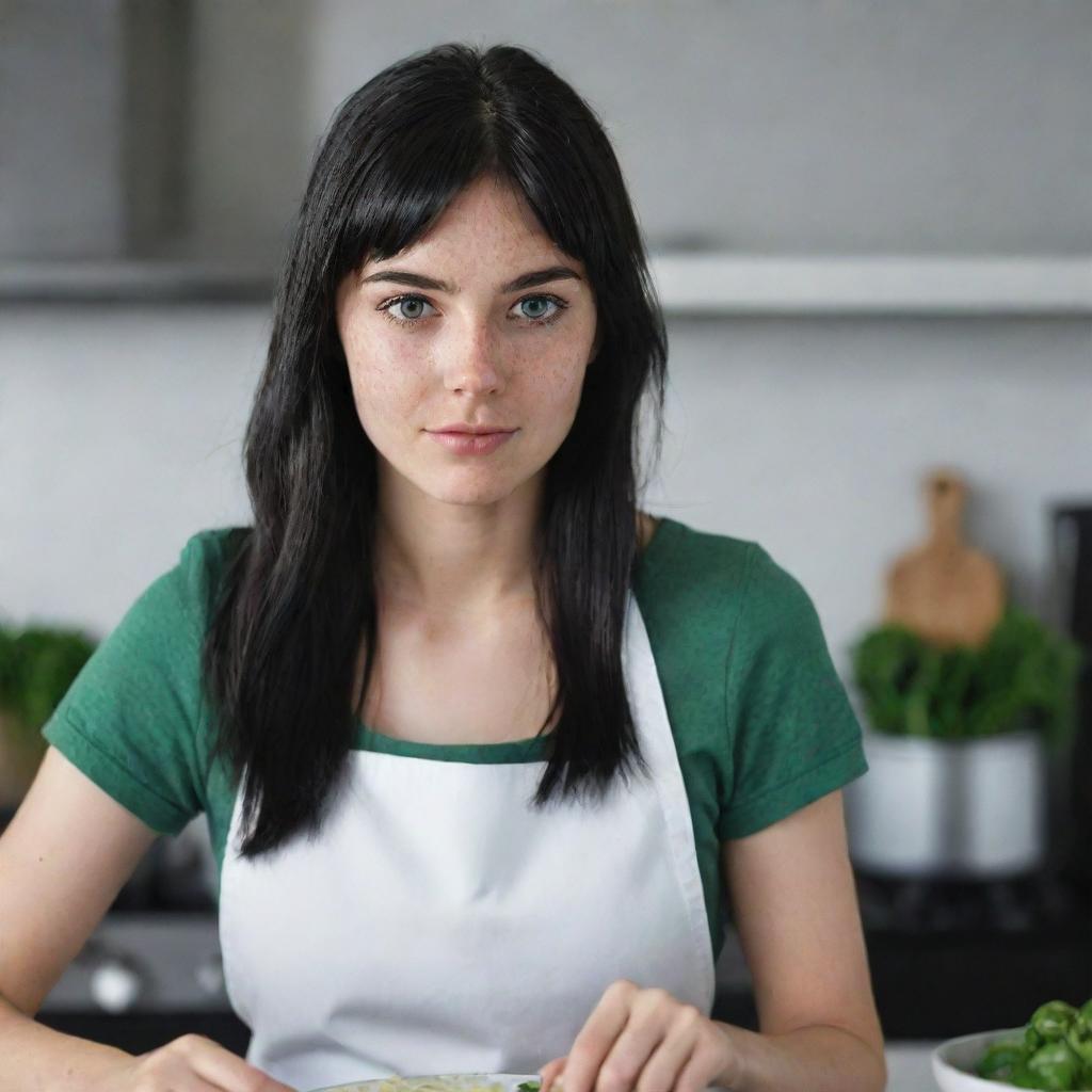 Create a raw-style 4K HD, long distance image for an advertising campaign, featuring a 23-year-old female not looking at the camera, cooking. She has green eyes, freckles, long black hair with white streaks in the bangs, and is in occasion clothes.