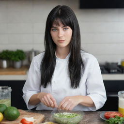 Create a raw-style 4K HD, long distance image for an advertising campaign, featuring a 23-year-old female not looking at the camera, cooking. She has green eyes, freckles, long black hair with white streaks in the bangs, and is in occasion clothes.