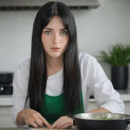 Create a raw-style 4K HD, long distance image for an advertising campaign, featuring a 23-year-old female not looking at the camera, cooking. She has green eyes, freckles, long black hair with white streaks in the bangs, and is in occasion clothes.