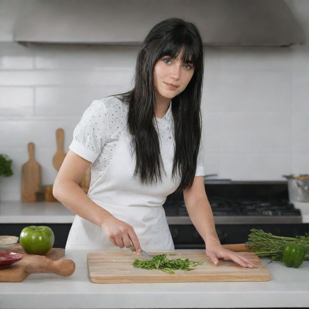 Create a raw-style 4K HD, medium distance, full body image for an advertising campaign, featuring a 23-year-old female not looking at the camera, cooking. She has green eyes, freckles, long black hair with white streaks in the bangs, and is in occasion clothes.