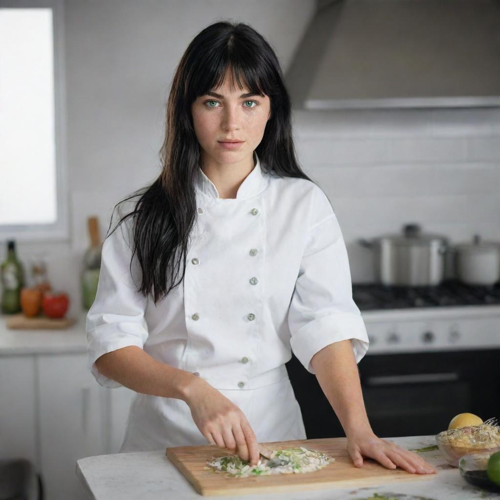 Create a raw-style 4K HD, medium distance, full body image for an advertising campaign, featuring a 23-year-old female not looking at the camera, cooking. She has green eyes, freckles, long black hair with white streaks in the bangs, and is in occasion clothes.