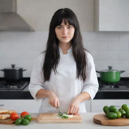 Create a raw-style 4K HD, medium distance, full body image for an advertising campaign, featuring a 23-year-old female not looking at the camera, cooking. She has green eyes, freckles, long black hair with white streaks in the bangs, and is in occasion clothes.