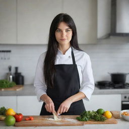 Create a raw-style 4K HD, medium distance, full body image for an advertising campaign, featuring a 23-year-old female not looking at the camera, cooking. She has green eyes, freckles, long black hair with white streaks in the bangs, and is in occasion clothes.