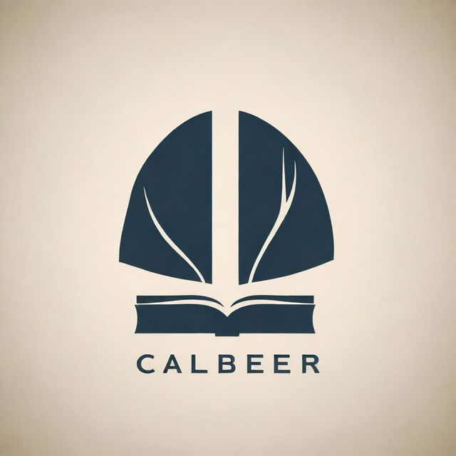 A modern styled logo for a library or bookstore featuring books, with the word 'caliber' and a touch of model design elements