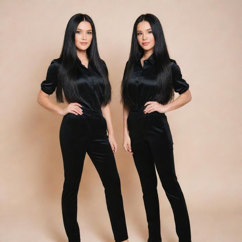 Identical twin sisters with long, glossy black hair standing side by side in matching outfits