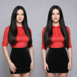 Identical twin sisters with long, glossy black hair standing side by side in matching outfits