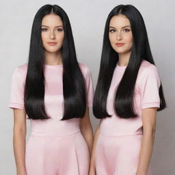 Identical twin sisters with long, glossy black hair standing side by side in matching outfits