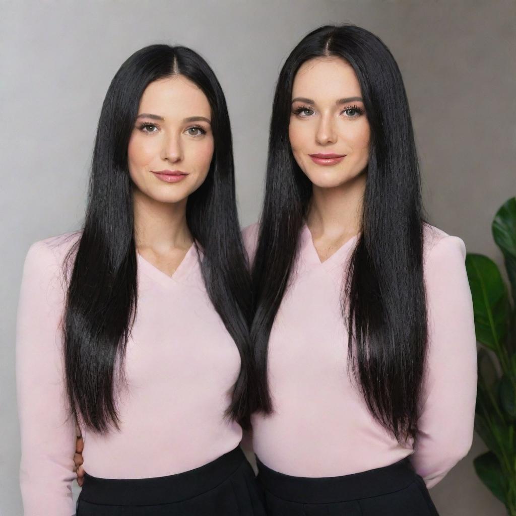 Identical twin sisters with long, glossy black hair standing side by side in matching outfits