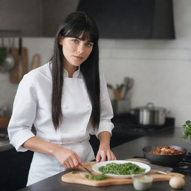 Create a raw-style 4K HD, medium-distance, full-body image for an advertising campaign, featuring a 23-year-old female with green eyes, freckles, long black hair with white streaks in the bangs, and occasion clothes, talking with a chef while cooking.