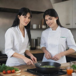 Create a raw-style 4K HD, medium-distance, full-body image for an advertising campaign, featuring a 23-year-old female with green eyes, freckles, long black hair with white streaks in the bangs, and occasion clothes, talking with a chef while cooking.