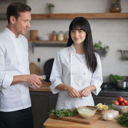 Create a raw-style 4K HD, medium-distance, full-body image for an advertising campaign, featuring a 23-year-old female with green eyes, freckles, long black hair with white streaks in the bangs, and occasion clothes, talking with a chef while cooking.