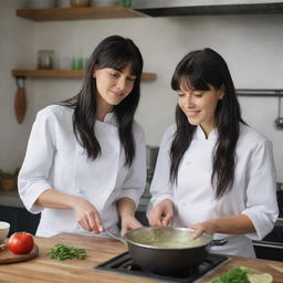 Create a raw-style 4K HD, medium-distance, full-body image for an advertising campaign, featuring a 23-year-old female with green eyes, freckles, long black hair with white streaks in the bangs, and occasion clothes, talking with a chef while cooking.