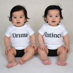 Two identical twin baby girls with shiny black hair. They are wearing white t-shirts with their respective names printed boldly on the front.