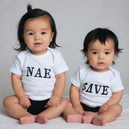 Two identical twin baby girls with shiny black hair. They are wearing white t-shirts with their respective names printed boldly on the front.