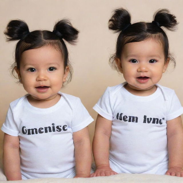 Two identical twin baby girls with shiny black hair. They are wearing white t-shirts with their respective names printed boldly on the front.