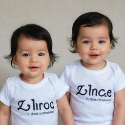 Two identical twin baby girls with shiny black hair. They are wearing white t-shirts with their respective names printed boldly on the front.