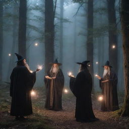 A magical scene of sorcerers and wizards casting spell with sparkling spellbooks, mystical orbs, ethereal beings, levitating objects in a moonlight forest setting.