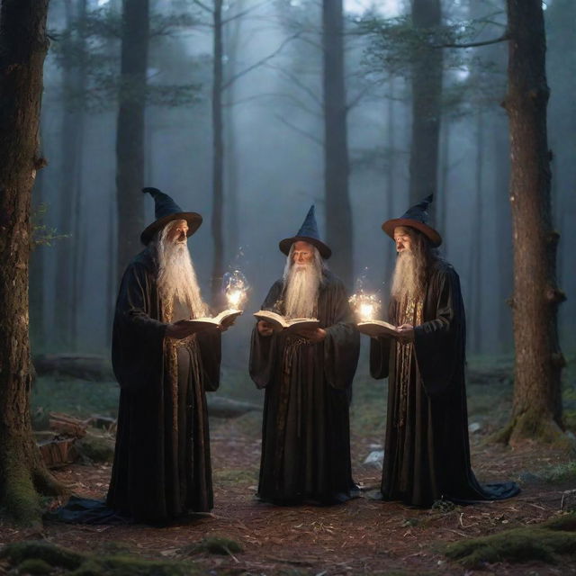 A magical scene of sorcerers and wizards casting spell with sparkling spellbooks, mystical orbs, ethereal beings, levitating objects in a moonlight forest setting.