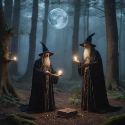 A magical scene of sorcerers and wizards casting spell with sparkling spellbooks, mystical orbs, ethereal beings, levitating objects in a moonlight forest setting.