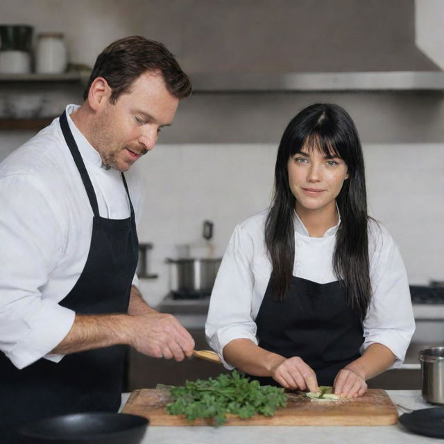 Create a raw-style 4K HD, medium-distance, full-body image for an advertising campaign, featuring a 23-year-old female with green eyes, freckles, long black hair with white streaks in the bangs, and occasion clothes, talking with a chef while cooking.