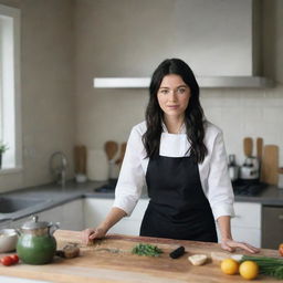 Create a raw-style 4K HD, medium-distance, full-body image for an advertising campaign, featuring a 23-year-old female with green eyes, freckles, long black hair, and occasion clothes, talking with a friend while cooking in a deep kitchen.