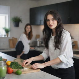 Create a raw-style 4K HD, medium-distance, full-body image for an advertising campaign, featuring a 23-year-old female with green eyes, freckles, long black hair, and occasion clothes, talking with a friend while cooking in a deep kitchen.