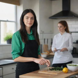 Create a raw-style 4K HD, medium-distance, full-body image for an advertising campaign, featuring a 23-year-old female with green eyes, freckles, long black hair, and occasion clothes, talking with a friend while cooking in a deep kitchen.