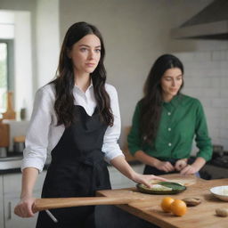 Create a raw-style 4K HD, medium-distance, full-body image for an advertising campaign, featuring a 23-year-old female with green eyes, freckles, long black hair, and occasion clothes, talking with a friend while cooking in a deep kitchen.