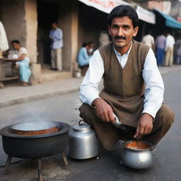 A traditional Pakistani tea seller ('chai wala'), comfortably dressed in local attire, busy preparing chai over a coal stove on a bustling street of Pakistan.