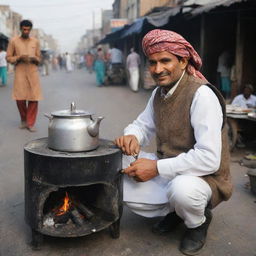 A traditional Pakistani tea seller ('chai wala'), comfortably dressed in local attire, busy preparing chai over a coal stove on a bustling street of Pakistan.